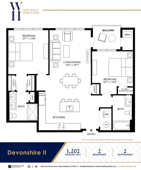 Floor plan for 2 beds, 2 baths, 1202 sqft
